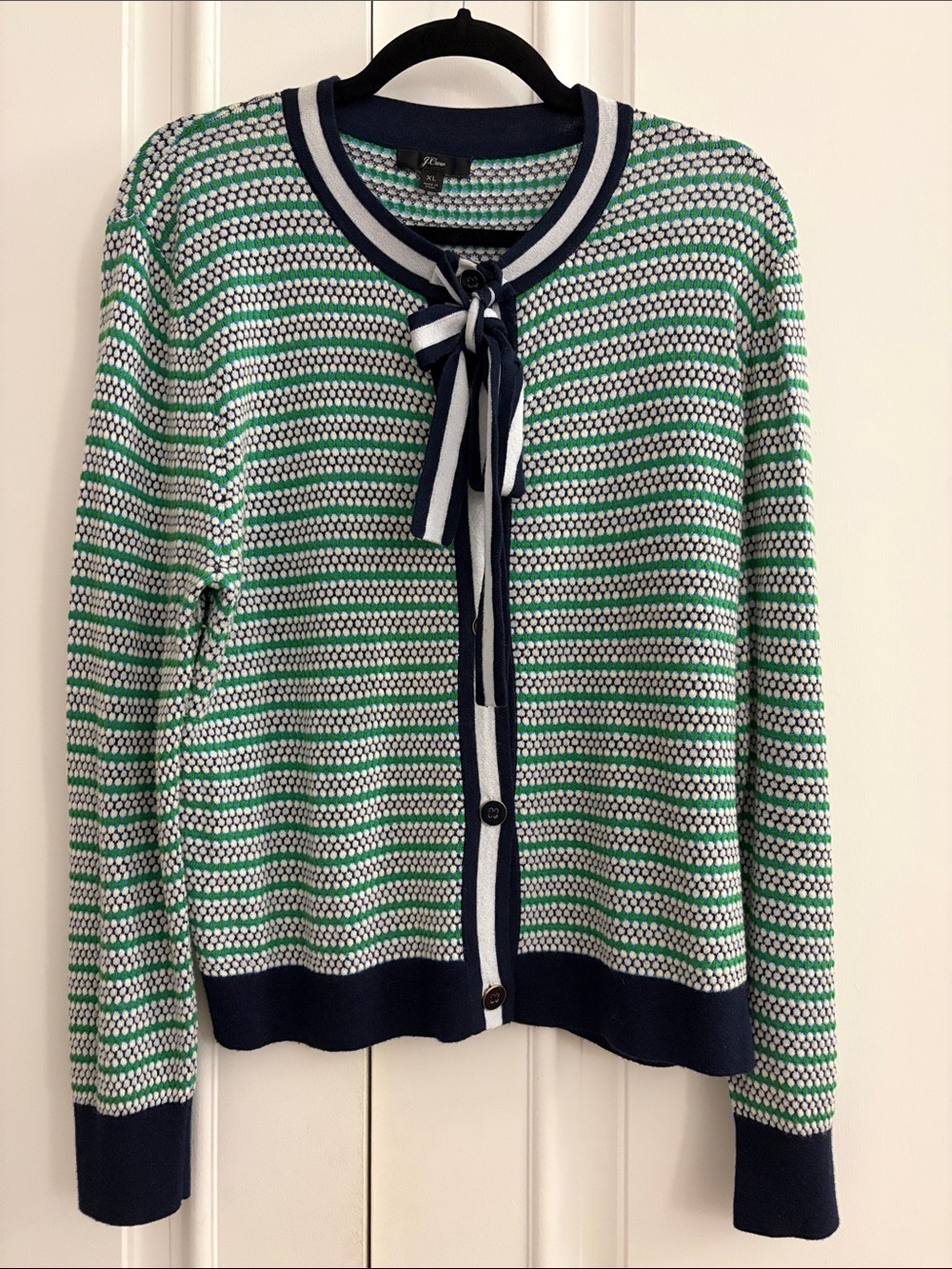 J. Crew Green, Navy & White Printed Striped Tie-Neck Cardigan